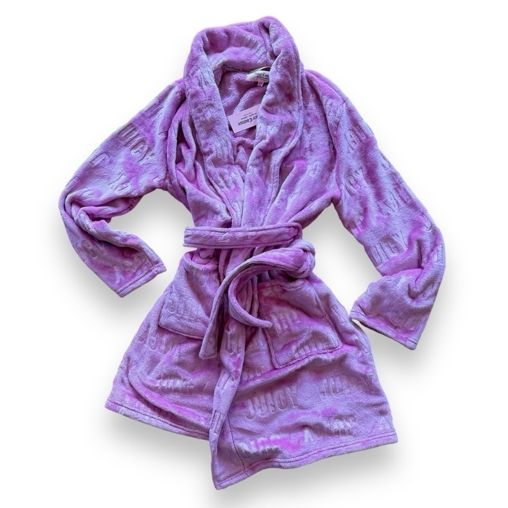 Juicy Couture pink Plush collared robe short tie wrap pockets logo print NEW S/M